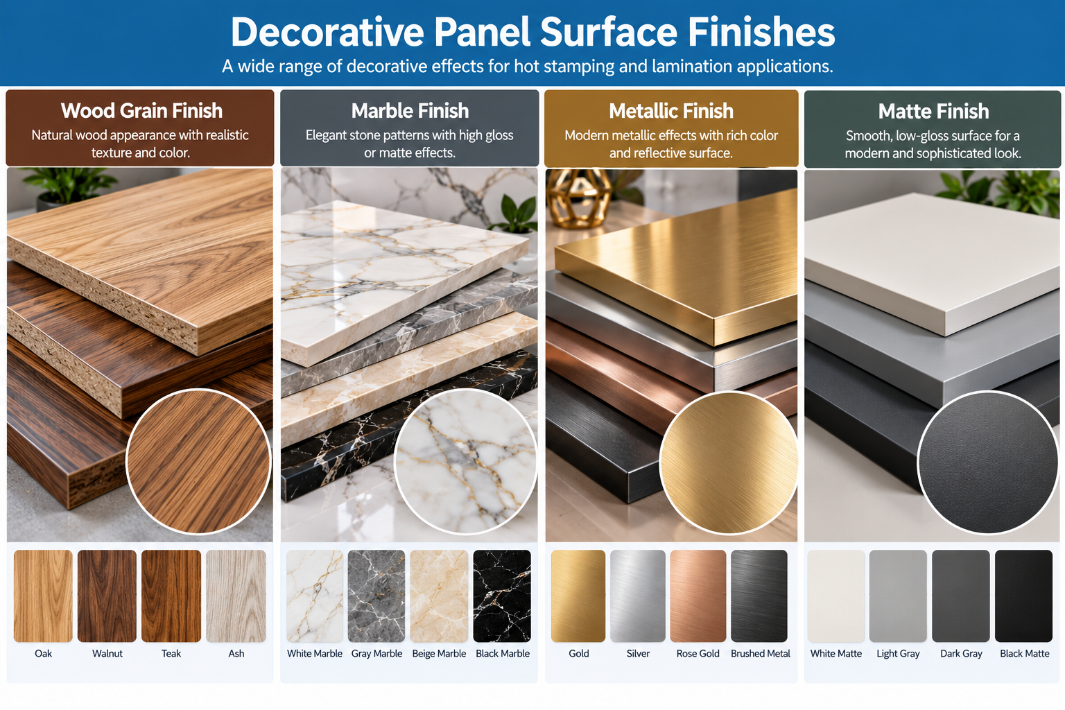 Wood Grain, Marble, Metallic and Matte Decorative Panel Surface Finishes